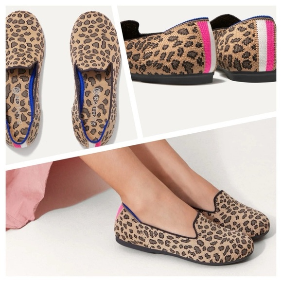 Rothys Girl's Brown Knit Leopard Cheetah Print Slip on Flat Loafer Shoes Size 4 - Picture 1 of 12